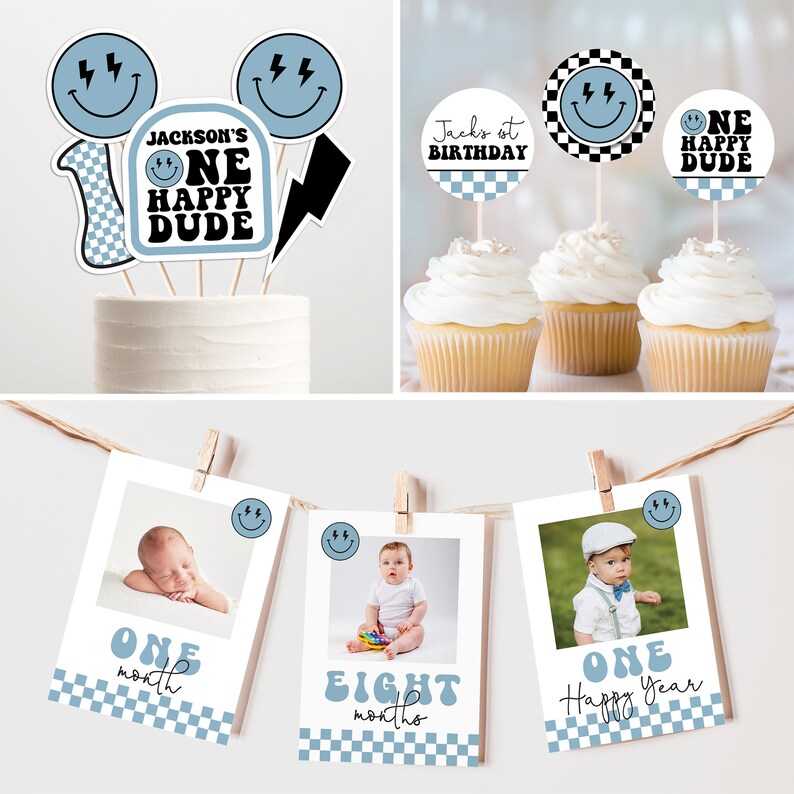 May include: A set of blue and black themed party decorations for a first birthday. The decorations include a cake topper with a smiley face, lightning bolt, and the text "Jackson's One Happy Dude", a banner with photos of a baby at different ages, and cupcake toppers with a smiley face and the text "One Happy Dude".