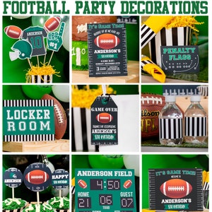 Puede incluir: Decoraciones para una fiesta de f&uacute;tbol con un esquema de color verde y negro. Las decoraciones incluyen una camiseta de f&uacute;tbol, un marcador de campo de f&uacute;tbol, un letrero de vestuario, una etiqueta de fin de juego, banderas de penalizaci&oacute;n y botellas de agua con rayas blancas y negras.