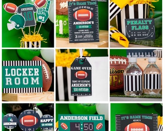 May include: Football party decorations with green and black color scheme. Decorations include a football jersey, a football field scoreboard, a locker room sign, a game over tag, penalty flags, and water bottles with black and white stripes.