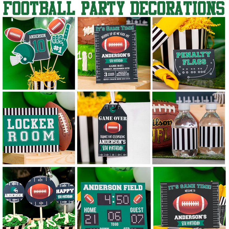 Puede incluir: Decoraciones para una fiesta de f&uacute;tbol con un esquema de color verde y negro. Las decoraciones incluyen una camiseta de f&uacute;tbol, un marcador de campo de f&uacute;tbol, un letrero de vestuario, una etiqueta de fin de juego, banderas de penalizaci&oacute;n y botellas de agua con rayas blancas y negras.