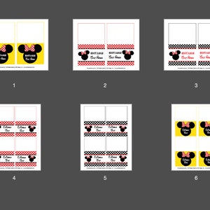 Peut inclure: Six mod&egrave;les imprimables mettant en sc&egrave;ne une souris de dessin anim&eacute; avec des pois rouges et un n&oelig;ud. Les motifs sont de diff&eacute;rentes couleurs, notamment le jaune, le noir et le rouge. Le texte "Zone de texte modifiable" appara&icirc;t sur chaque motif.