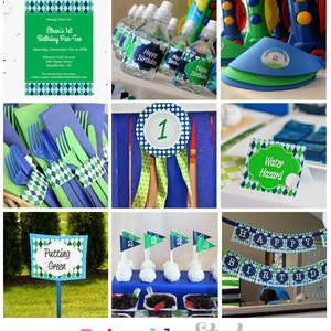 May include: Printable party decorations for a golf-themed birthday party. The decorations include a green and blue color scheme with a golf ball design. The decorations include a birthday banner, water bottle labels, cupcake toppers, and a sign that says "Putting Green".