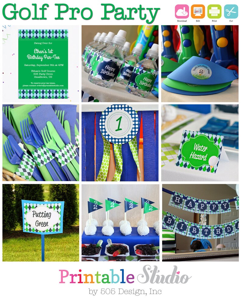May include: Printable party decorations for a golf-themed birthday party. The decorations include a green and blue color scheme with a golf ball design. The decorations include a birthday banner, water bottle labels, cupcake toppers, and a sign that says "Putting Green".