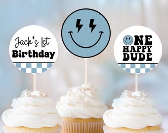 Topper per cupcake "One Happy Dude" in blu, modello Canva 0200 (file digitale)