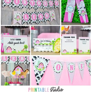 May include: Printable pink and black farm party decorations with a cow print pattern. The set includes a banner with the word "Birthday", a banner with the name "Leah", a sign that says "Thank You", a sign that says "5 x 7 Sign Add your text", a banner with the word "One", and a set of farm animal cupcake toppers.