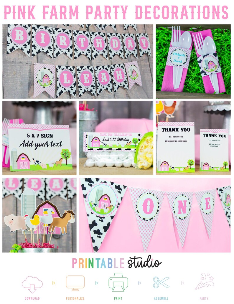 May include: Printable pink and black farm party decorations with a cow print pattern. The set includes a banner with the word "Birthday", a banner with the name "Leah", a sign that says "Thank You", a sign that says "5 x 7 Sign Add your text", a banner with the word "One", and a set of farm animal cupcake toppers.