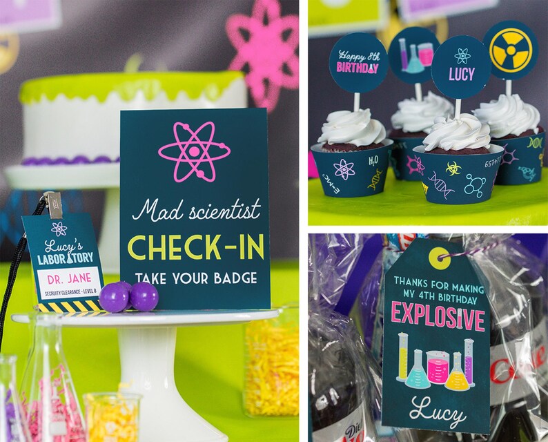 Pu&ograve; includere: Decorazioni per una festa di compleanno a tema scientifico. L'immagine mostra cupcakes con decorazioni, una torta e un cartello con la scritta "Mad scientist CHECK-IN TAKE YOUR BADGE". I bigliettini regalo dicono "Thanks for making my 4th birthday explosive".