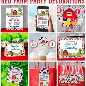May include: Red and white farm-themed party decorations with a red barn, cows, chickens, and a pig. The decorations include invitations, cupcake toppers, favor tags, and bottle labels. The text on the invitations reads "Levi's 1st Birthday".