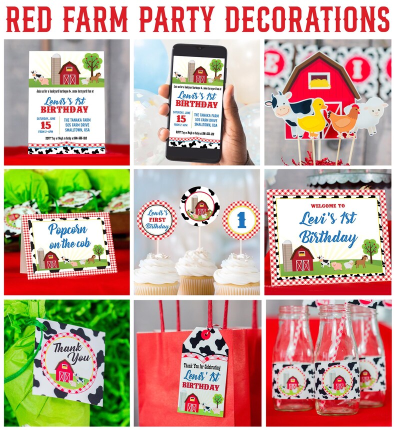 May include: Red and white farm-themed party decorations with a red barn, cows, chickens, and a pig. The decorations include invitations, cupcake toppers, favor tags, and bottle labels. The text on the invitations reads "Levi's 1st Birthday".