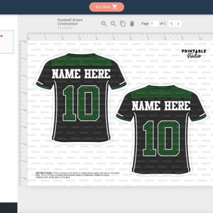 May include: Two printable football jersey designs with a black background, green and white trim, and the text "NAME HERE" and "10".