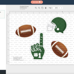 May include: Printable football party decorations, including a football helmet, a football, and a hand with the number one on it. The decorations are green and brown.