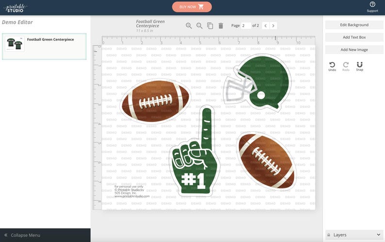 May include: Printable football party decorations, including a football helmet, a football, and a hand with the number one on it. The decorations are green and brown.