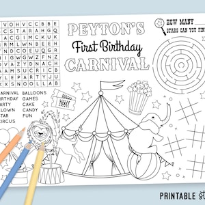 May include: Black and white printable activity sheet with a circus theme. Features a word search, maze, and circus illustrations, including a tent, lion, and elephant. Text includes "Peyton's First Birthday Carnival" and "How many stars can you find?"