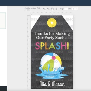 May include: A black and white chalkboard style thank you tag with a colourful beach ball and water splash graphic. The text reads "Thanks for Making Our Party Such a SPLASH! Mia & Mason".