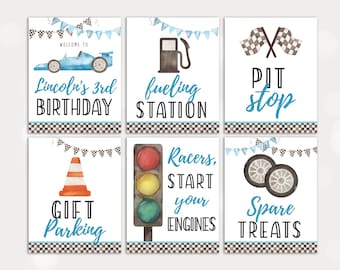 Pacote de placas editáveis para festa de corrida, download instantâneo de placas para festa de aniversário de corrida, conjunto de placas de corrida em azul, placas de aniversário de corrida em azul