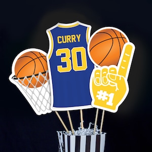 Basketball Centerpieces in Blue Gold - Printable Basketball Birthday Party Centerpieces - Blue and Gold Basketball Centerpieces