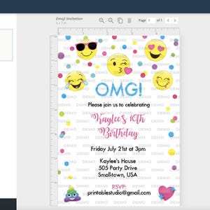 May include: A printable birthday invitation with a white background and a colorful confetti pattern. The invitation features a variety of emoji faces and the text "OMG! Please join us to celebrating Kaylee's 10th Birthday. Friday July 21st at 3pm Kaylee's House 505 Party Drive Small-town, USA RSVP: printablestudio@gmail.com"