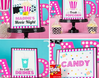 Movie Party Signs - Instant Download Pink Movie Party Signs - Movie Concessions Signs - Candy Drinks Popcorn Sign by Printable Studio