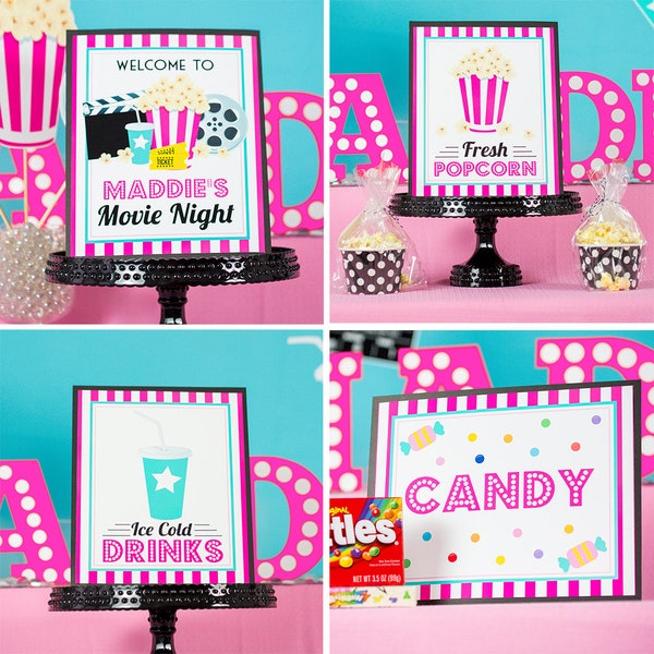 Movie Party Signs - Instant Download Pink Movie Party Signs - Movie Concessions Signs - Candy Drinks Popcorn Sign by Printable Studio