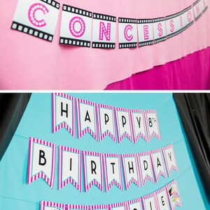 May include: Two pink and white banner sets with black lettering. The top banner says "CONCESSIONS" with a film strip design. The bottom banner says "HAPPY 8TH BIRTHDAY MADDE" with pink and white striped pennants.