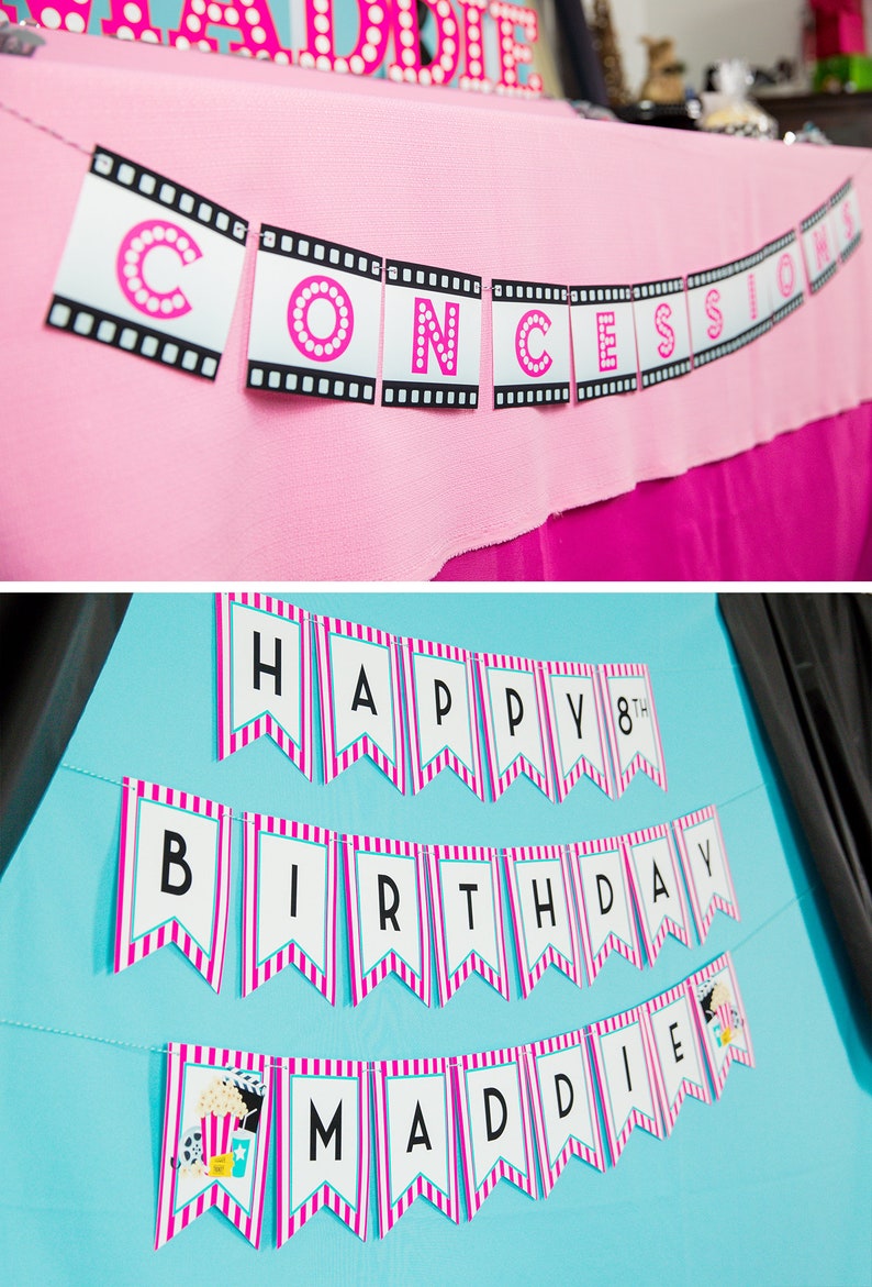 May include: Two pink and white banner sets with black lettering. The top banner says "CONCESSIONS" with a film strip design. The bottom banner says "HAPPY 8TH BIRTHDAY MADDE" with pink and white striped pennants.