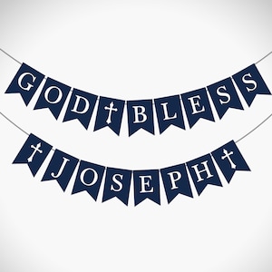 Puede incluir: Bandera azul marino con texto blanco que dice "God Bless Joseph" con una cruz blanca entre cada palabra.