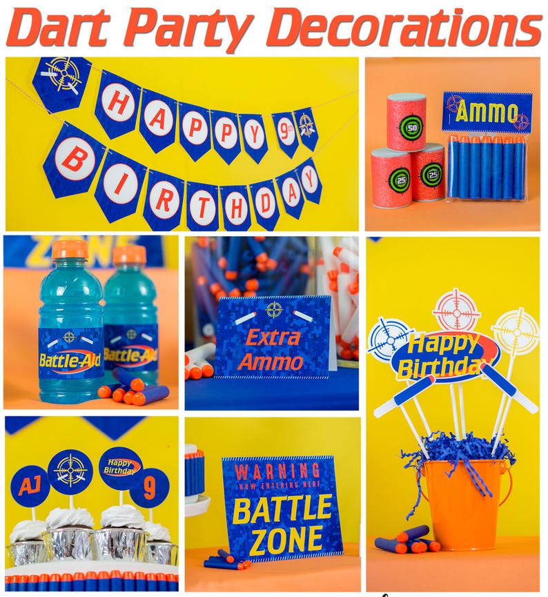 May include: Dart party decorations with a blue and orange color scheme. The decorations include a banner that says "Happy 9th Birthday", a sign that says "Extra Ammo", a sign that says "Warning Battle Zone", and a sign that says "Happy Birthday". There are also blue and orange dart guns and a bucket filled with blue tissue paper.