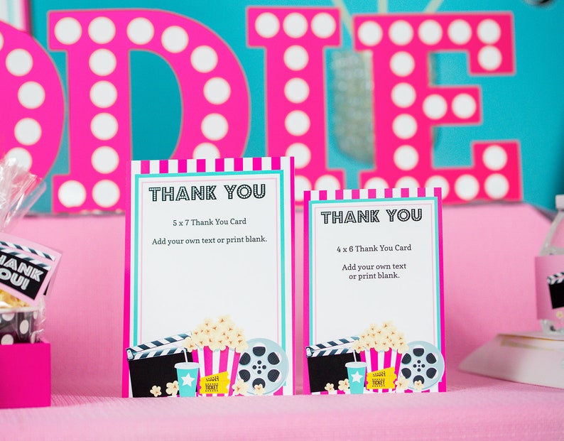 Movie Party Thank You Card in Pink Printable Movie Night - Etsy