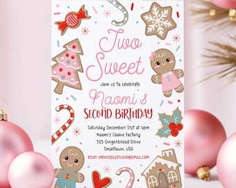 Editable Two Sweet Birthday Party Invitation Christmas Cookie 2nd Birthday Two Sweet Christmas Party Instant Download