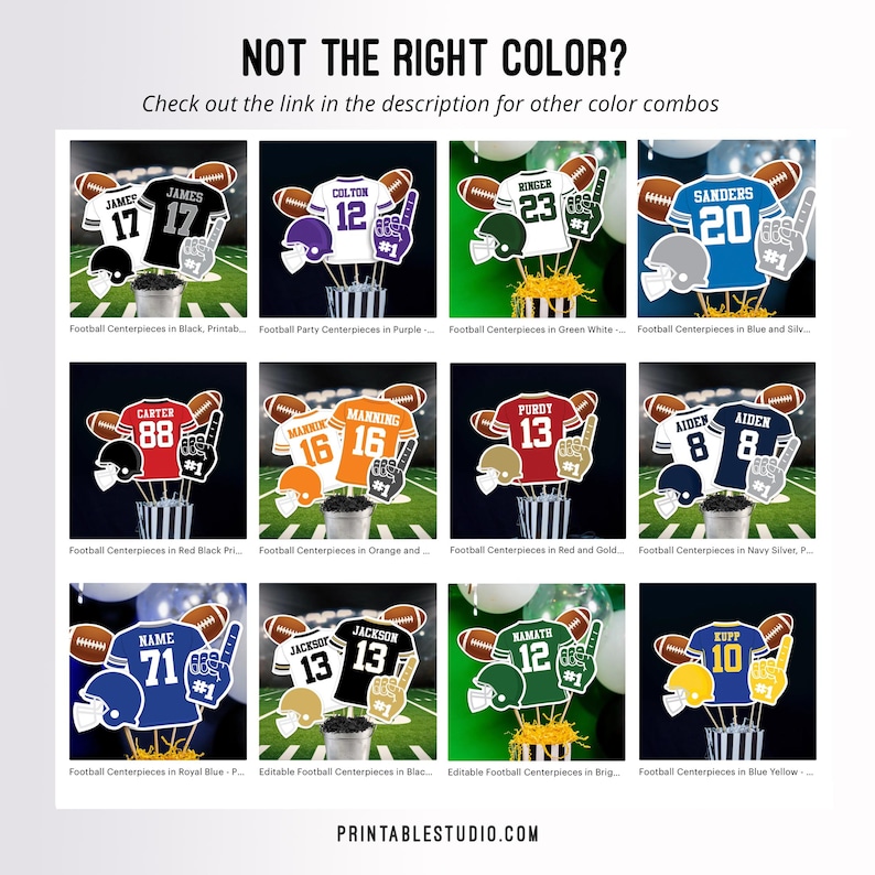 May include: Football party centerpieces in various colors, featuring a football jersey, football, and a number one hand. The centerpieces are displayed on a white background with the text "NOT THE RIGHT COLOR?" and "Check out the link in the description for other color combos".