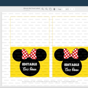 Peut inclure: Deux &eacute;tiquettes alimentaires imprimables avec un fond jaune et une silhouette noire et blanche de la t&ecirc;te de Minnie Mouse avec un n&oelig;ud rouge. Le texte "EDITABLE TEXT AREA" est imprim&eacute; en noir sous l'image. Les &eacute;tiquettes sont pour un usage personnel uniquement.