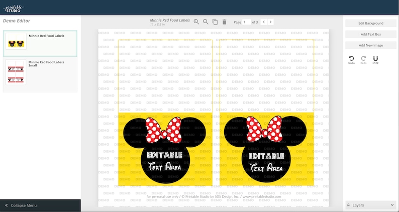 Peut inclure: Deux &eacute;tiquettes alimentaires imprimables avec un fond jaune et une silhouette noire et blanche de la t&ecirc;te de Minnie Mouse avec un n&oelig;ud rouge. Le texte "EDITABLE TEXT AREA" est imprim&eacute; en noir sous l'image. Les &eacute;tiquettes sont pour un usage personnel uniquement.