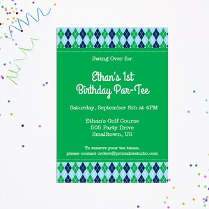 May include: Green and blue birthday party invitation with a golf theme. The invitation says "Swing Over for Ethan's 1st Birthday Par-Tee" and includes the date, time, and location of the party. To reserve tee times, please contact orders@printablestudio.com.