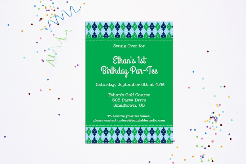 May include: Green and blue birthday party invitation with a golf theme. The invitation says "Swing Over for Ethan's 1st Birthday Par-Tee" and includes the date, time, and location of the party. To reserve tee times, please contact orders@printablestudio.com.