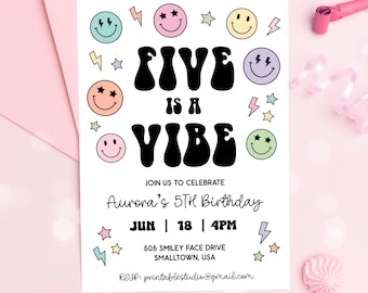 Five is a Vibe  Smiley Face Birthday Invitation - Pastel Smiley Birthday Invitation - Girls Birthday Ideas, Digital Five is a Vibe Invite
