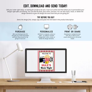 May include: A computer monitor displays a movie night invitation with the text "WELCOME TO MAX'S Movie Night". The image includes instructions for purchase, personalization, and printing. The website address PRINTABLESTUDIO.COM is visible.