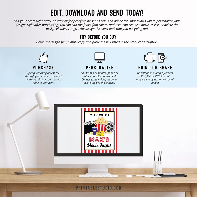 May include: A computer monitor displays a movie night invitation with the text "WELCOME TO MAX'S Movie Night". The image includes instructions for purchase, personalization, and printing. The website address PRINTABLESTUDIO.COM is visible.