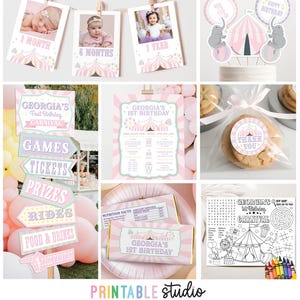 K&ouml;nnte beinhalten: Pastellrosa und lilafarbene Karnevals-Partydekorationen mit einem Zirkuszelt-Thema. Enth&auml;lt bedruckbare Schilder, Cupcake-Topper, Geschenktaschen und eine Malvorlage. Der Text auf den Schildern lautet "Georgia's 1st Birthday Carnival".