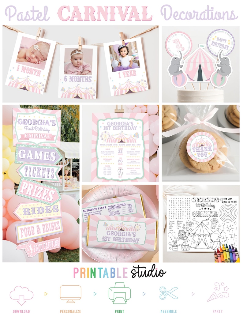 K&ouml;nnte beinhalten: Pastellrosa und lilafarbene Karnevals-Partydekorationen mit einem Zirkuszelt-Thema. Enth&auml;lt bedruckbare Schilder, Cupcake-Topper, Geschenktaschen und eine Malvorlage. Der Text auf den Schildern lautet "Georgia's 1st Birthday Carnival".