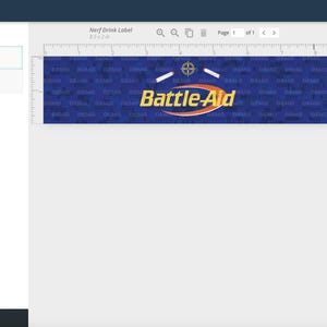 May include: A blue and yellow label with the text "Battle-Aid" in a yellow arc. The label has a blue background with a repeating pattern of the text "Battle-Aid". There are two white objects above the text.