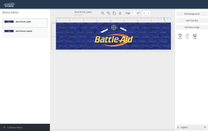May include: A blue and yellow label with the text "Battle-Aid" in a yellow arc. The label has a blue background with a repeating pattern of the text "Battle-Aid". There are two white objects above the text.