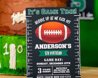 May include: A black and green football-themed birthday party invitation with a red and white football graphic. The invitation says "It's Game Time!" and "Huddle Up As We Kick Off". It also includes the name "Anderson's 8th Birthday", the date "Sunday, December 15th", and the time "3 o'clock kickoff".