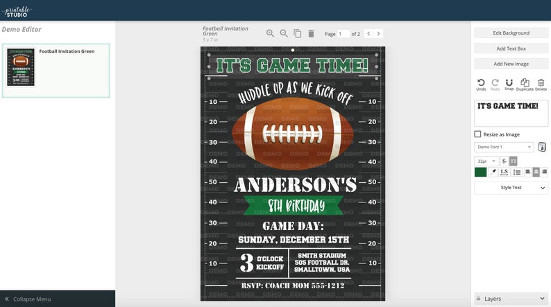 May include: A green and black football-themed birthday party invitation with a chalkboard background. The invitation features a football, the text "It's Game Time!" and "Anderson's 5th Birthday", and details about the party, including the date, time, and location.