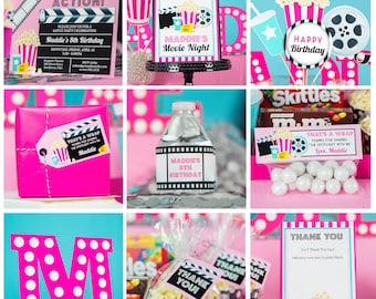 Pink Movie Birthday Decorations, Movie Birthday Party in Pink, Printable Movie Birthday Party - Instant Download Movie Party