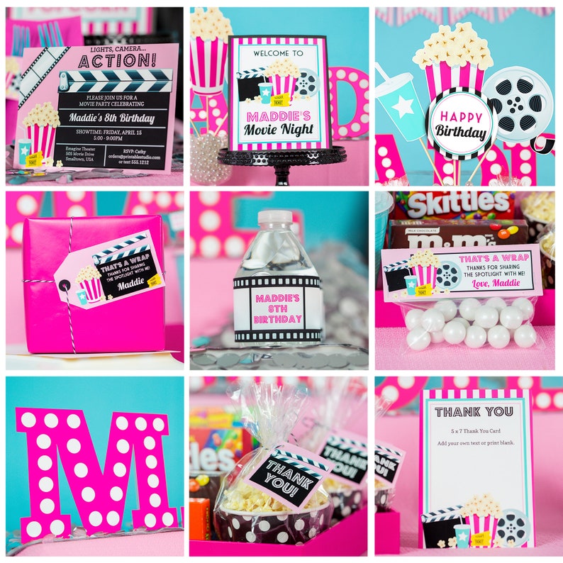 May include: A pink and black movie themed party favor bag with a white popcorn bucket and a tag that says "That's a Wrap! Thanks for sharing the spotlight with me. Love, Maddie."
