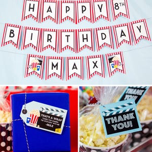 May include: A festive birthday party scene with a banner that reads "HAPPY 8th BIRTHDAY MAX." The decorations include popcorn and movie-themed elements. A blue gift box is adorned with a tag that says "THAT'S A WRAP." Popcorn bags have "THANK YOU!" tags.