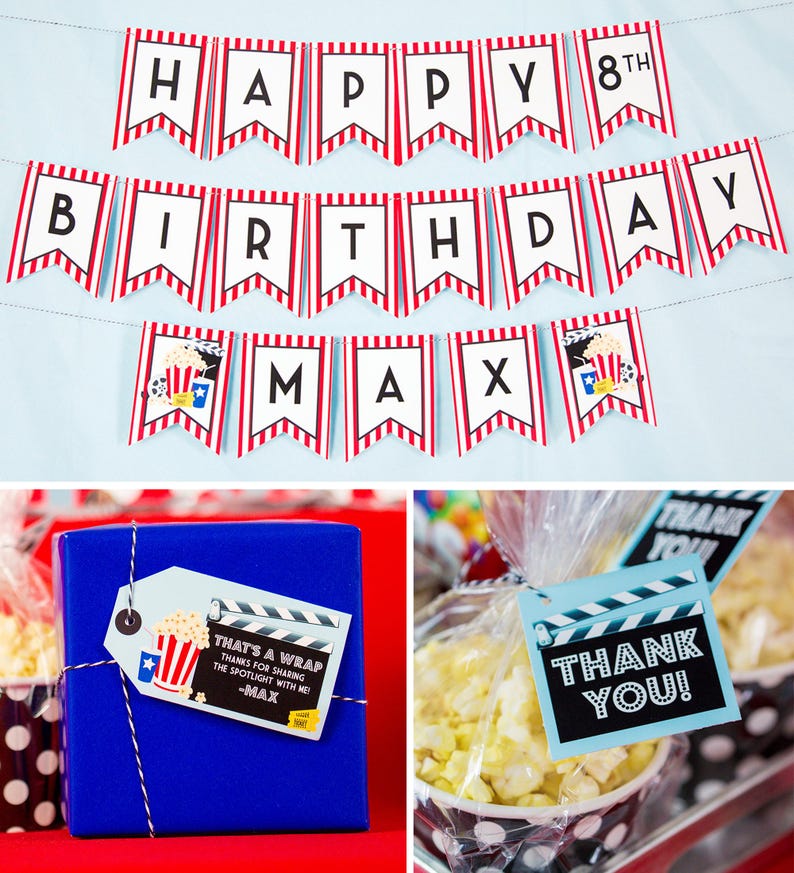 May include: A festive birthday party scene with a banner that reads "HAPPY 8th BIRTHDAY MAX." The decorations include popcorn and movie-themed elements. A blue gift box is adorned with a tag that says "THAT'S A WRAP." Popcorn bags have "THANK YOU!" tags.