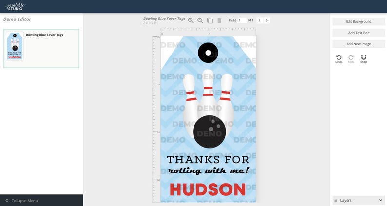 May include: Blue and white favor tag with a bowling ball and pins design. The text on the tag reads "Thanks for rolling with me! Hudson".