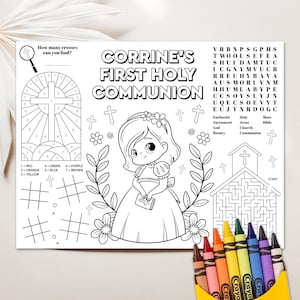 Communion Placemat, Girls First Communion Coloring Page, Communion Activity Page Girls 1st Communion Party Activities Printable Communion