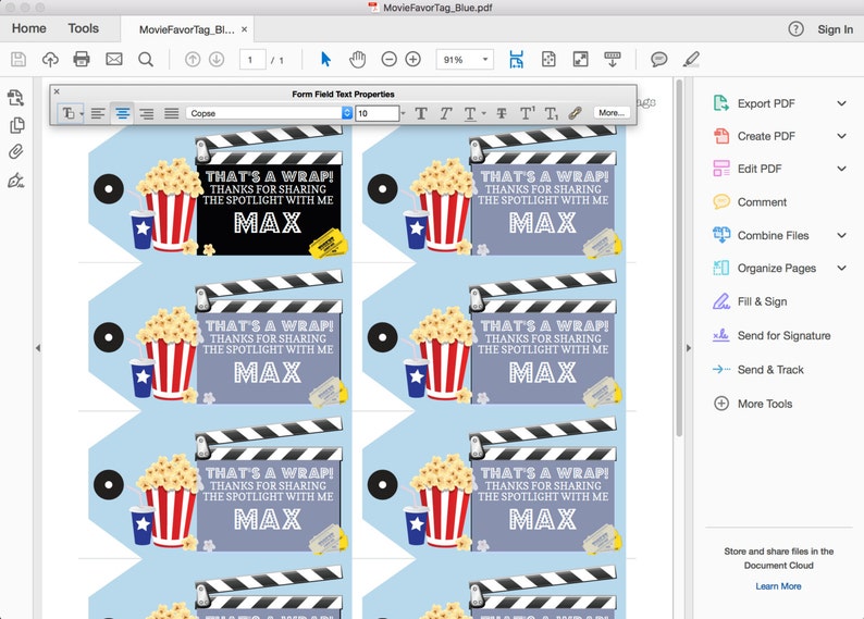 Movie Favor Tag Printable Movie Party Thank You Tags in Blue - Etsy